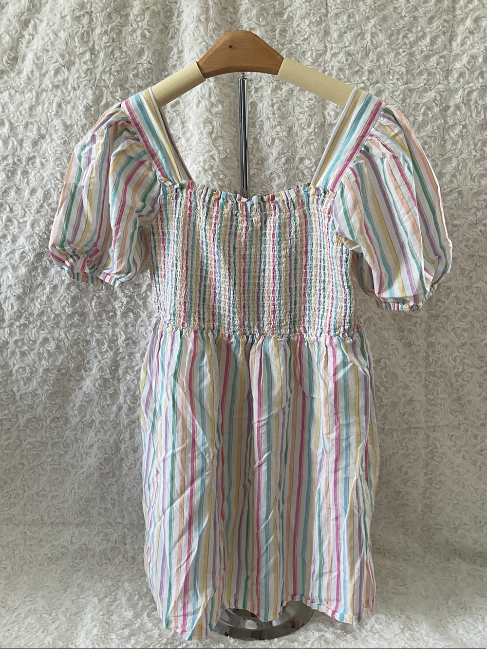 GAP Girls White Dress with Pastel Rainbow Stripes
